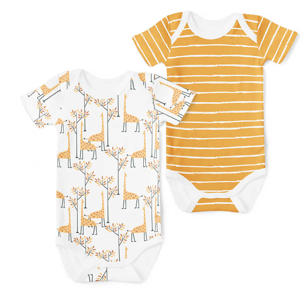 2-Piece Short Sleeve Onesie Set - Giraffe/ Stripe Mustard