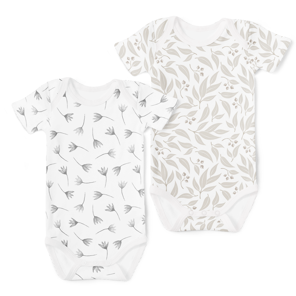 2-Piece Short Sleeve Onesie Set - Willow Leaf Stone/ Painted Flower Grey