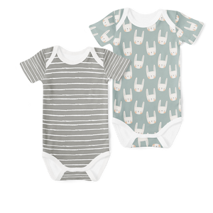 2-Piece Short Sleeve Onesie Set - Bunny / Stripe Grey
