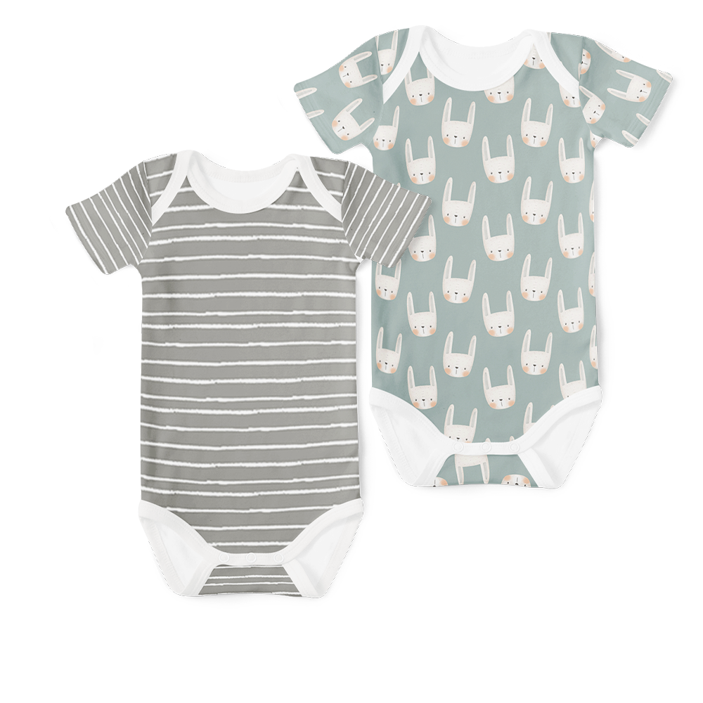 2-Piece Short Sleeve Onesie Set - Bunny / Stripe Grey