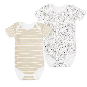 2-Piece Short Sleeve Onesie Set - Stripe Stone/ Menageries Stone