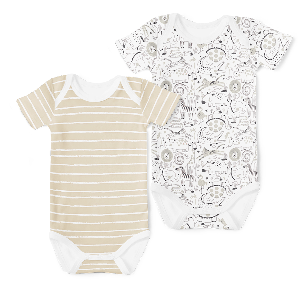 2-Piece Short Sleeve Onesie Set - Stripe Stone/ Menageries Stone