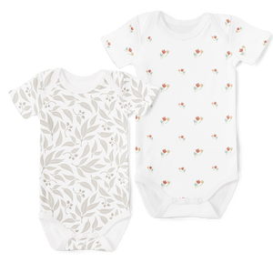 2-Piece Short Sleeve Onesie Set - Willow Leaf Stone / Autumn Floral
