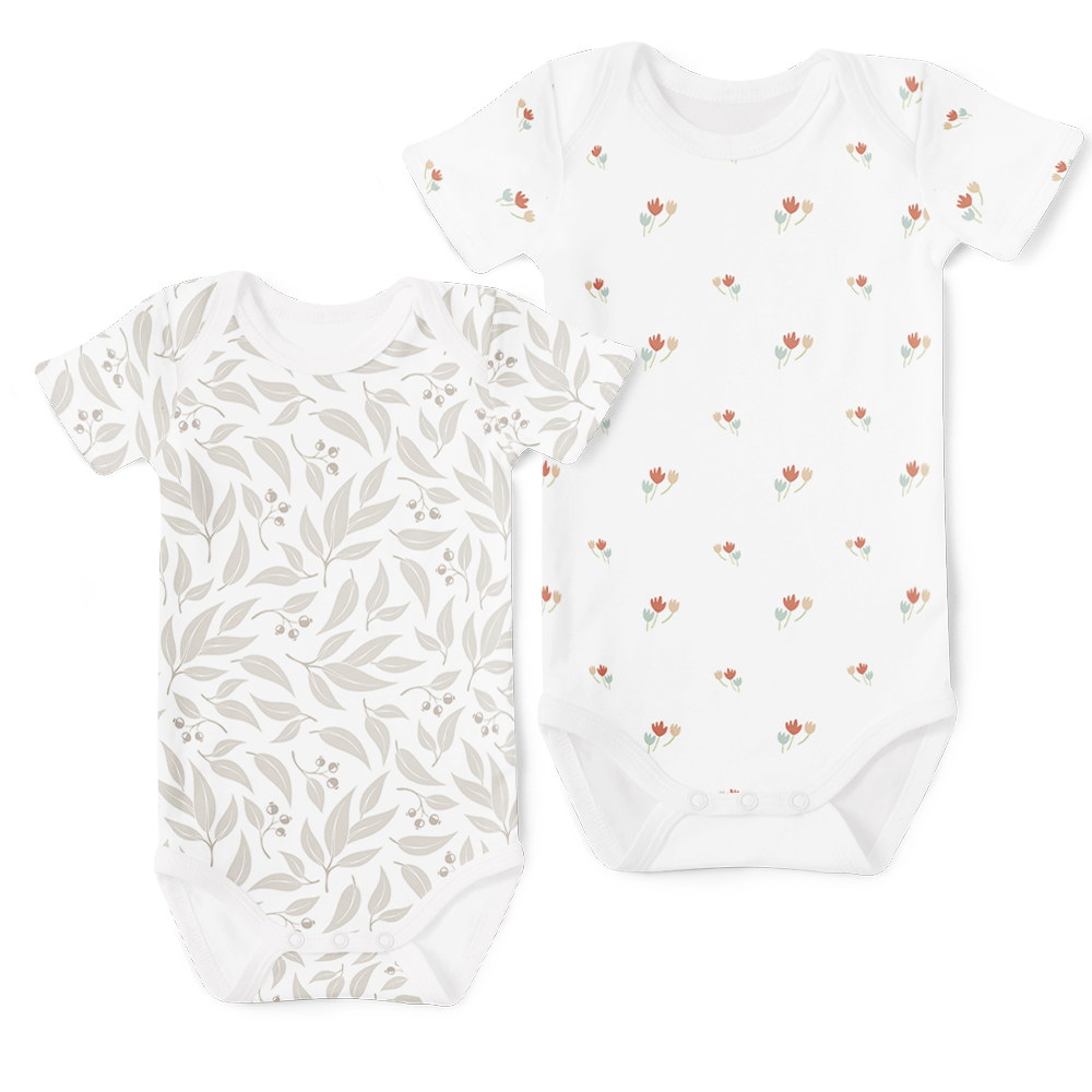 2-Piece Short Sleeve Onesie Set - Willow Leaf Stone / Autumn Floral