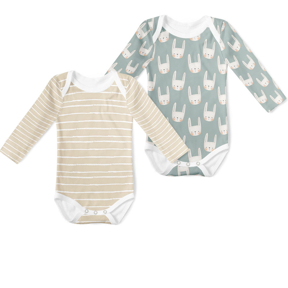 2-Piece Long Sleeve Onesie Set - Bunny/ Stripe Stone
