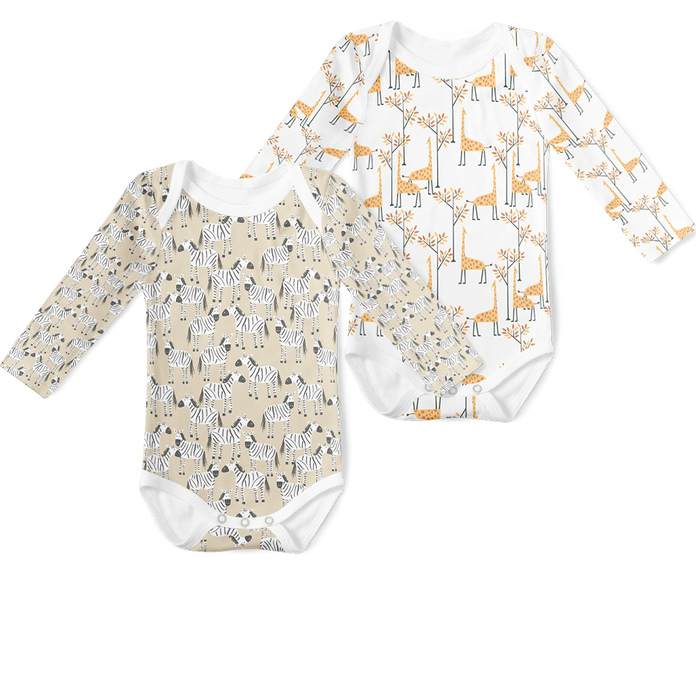 2-Piece Long Sleeve Onesie Set - Giraffe and Zebras