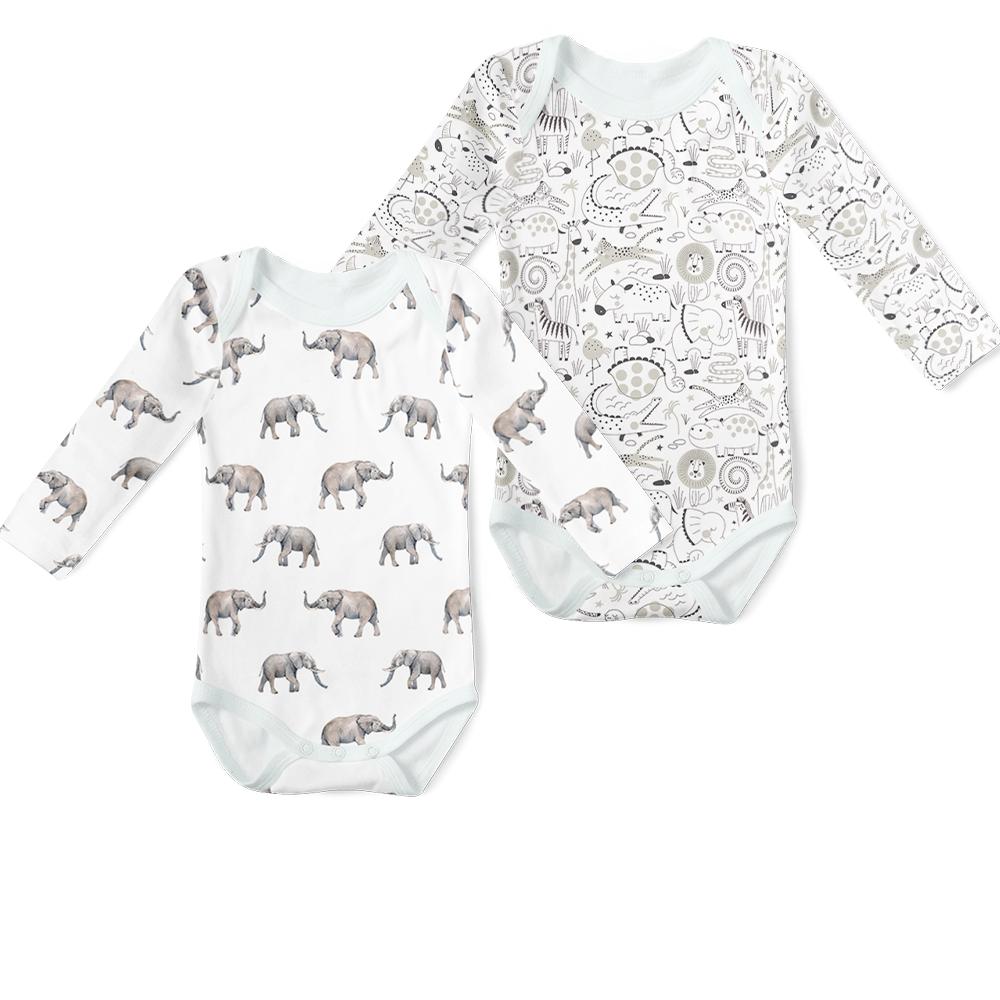 2-Piece Long Sleeve Onesie Set - Elephant / Menagerie Stone