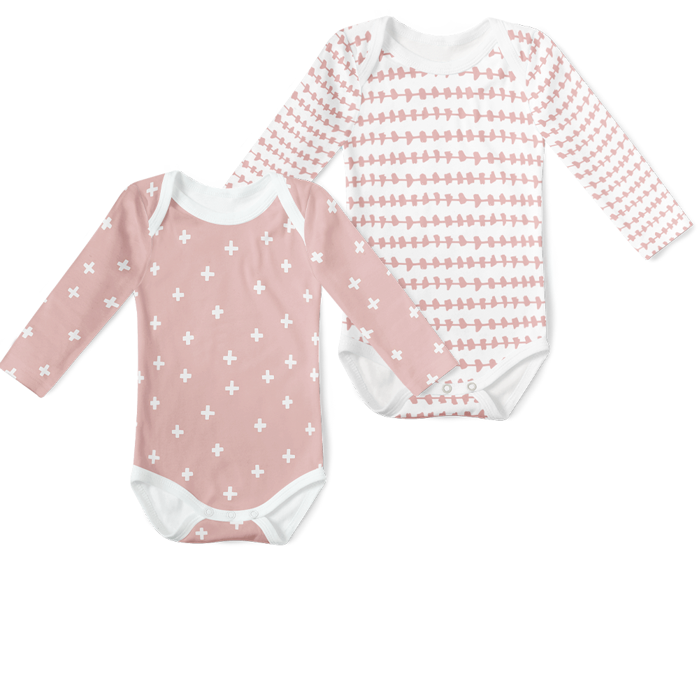 2-Piece Long Sleeve Onesie Set - Morse pink/ Cross Pink
