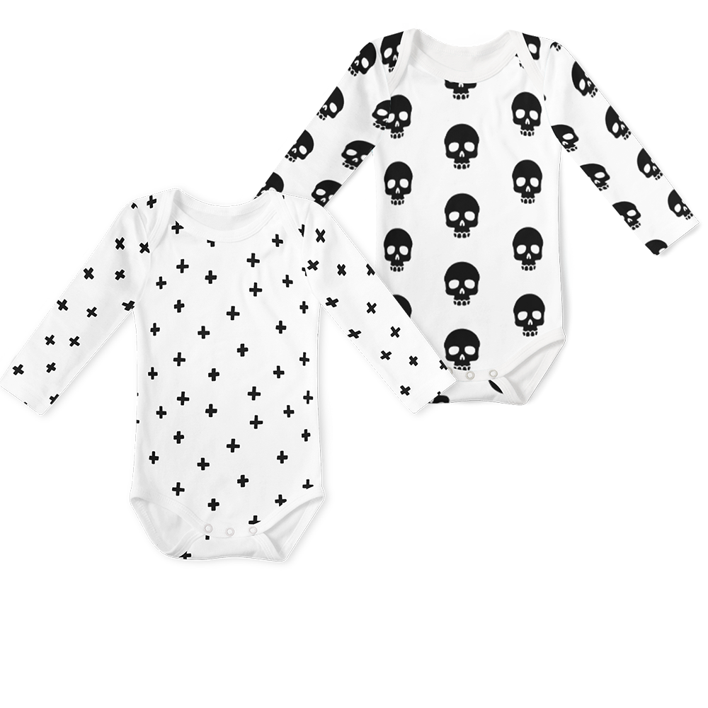 2-Piece Long Sleeve Onesie Set - Cross/ Skull Black and White