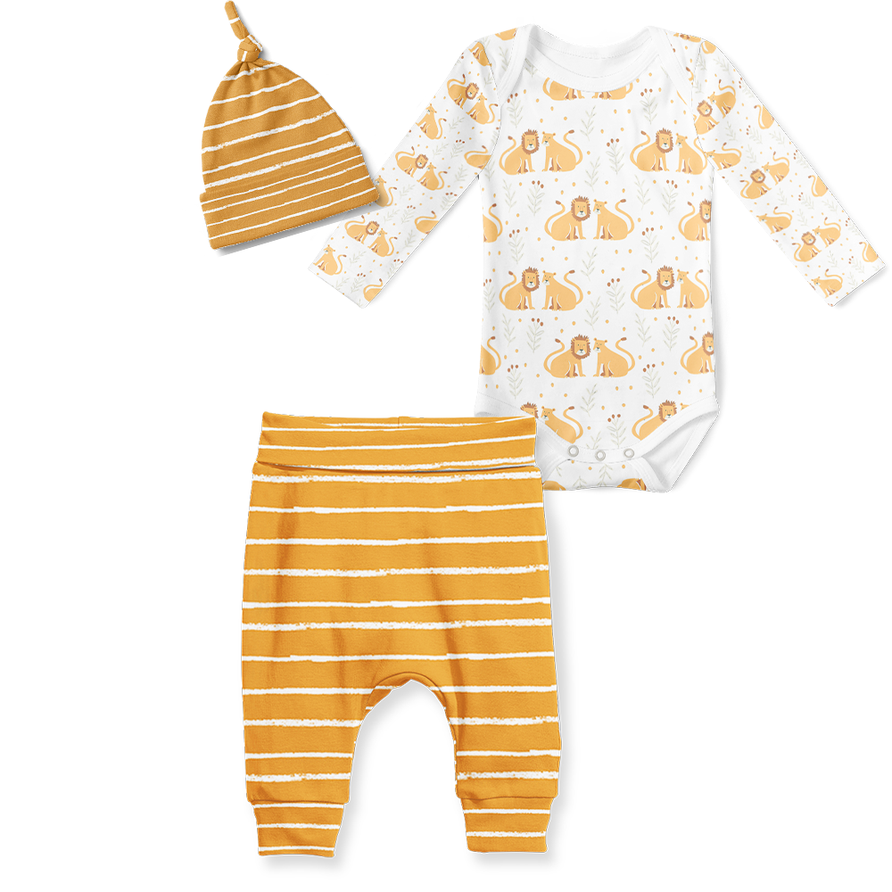 3-Piece Jogger/Onesie/Beanie Set - Lions/ Stripe mustard