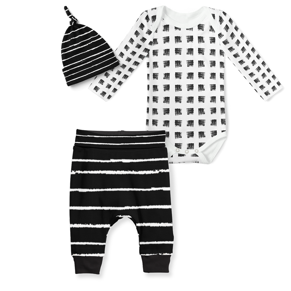 3-Piece Jogger/Onesie/Beanie Set -  Smudge/ Stripe Black
