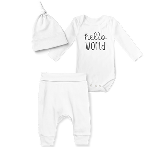 3-Piece Jogger/Onesie/Beanie Set - Hello World White