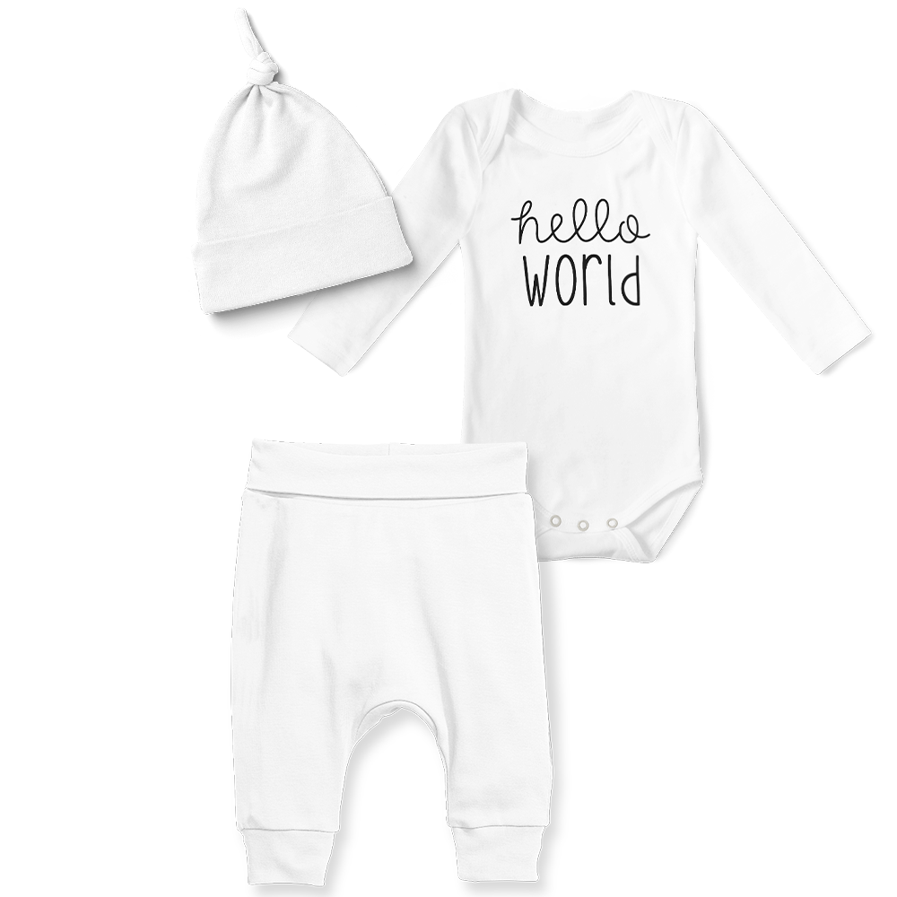 3-Piece Jogger/Onesie/Beanie Set - Hello World White