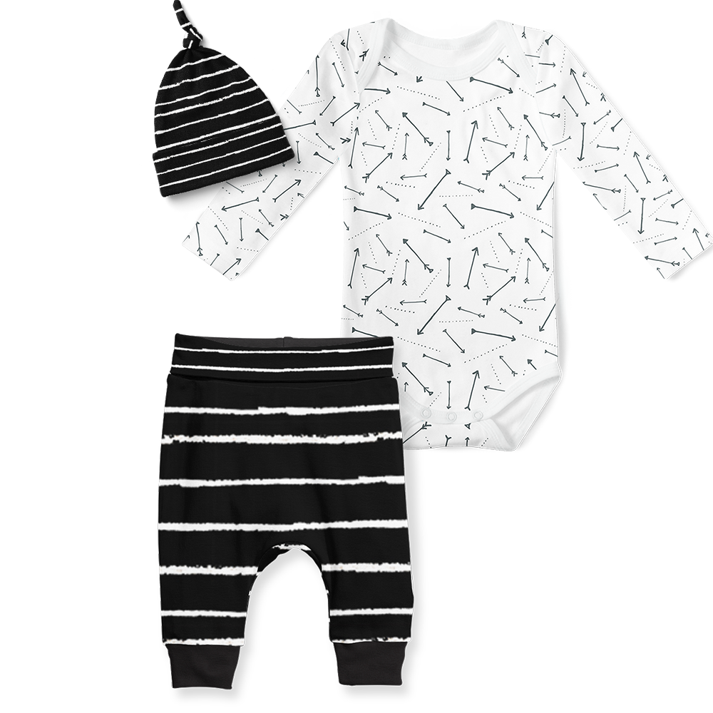 3-Piece Jogger/Onesie/Beanie Set - Arrows/ Stripe Black