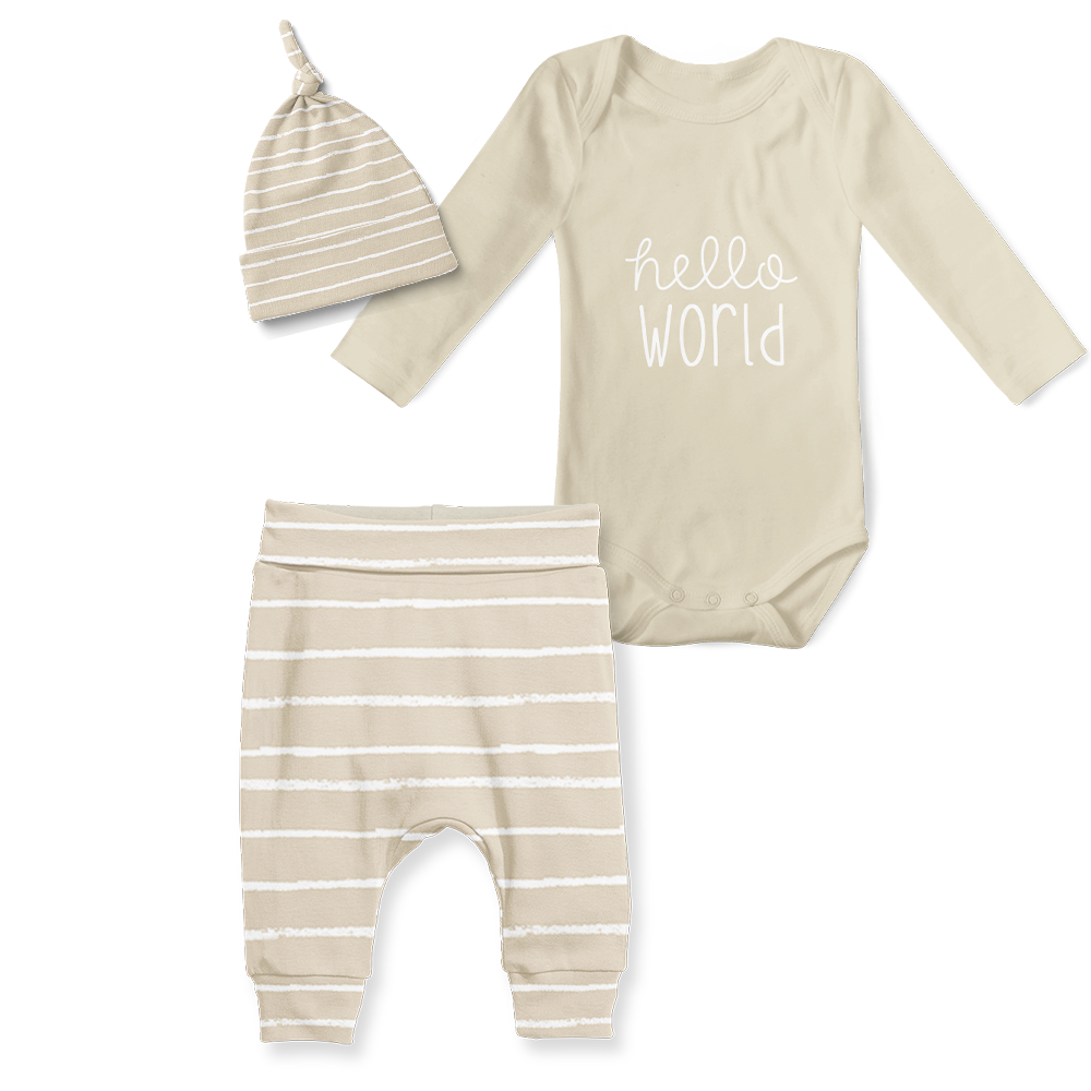 3-Piece Jogger/Onesie/Beanie Set - Hello World/Stripe Stone