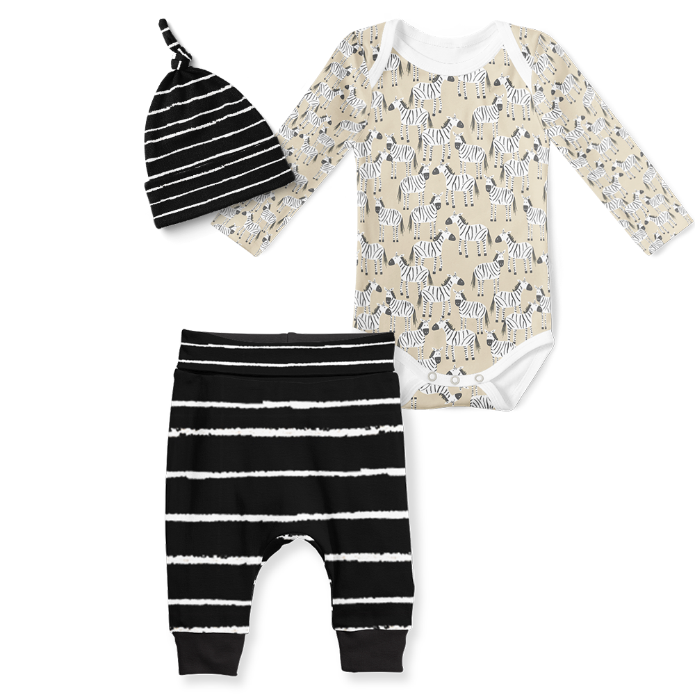 3-Piece Jogger/Onesie/Beanie Set - Stripe Black/ Zebra