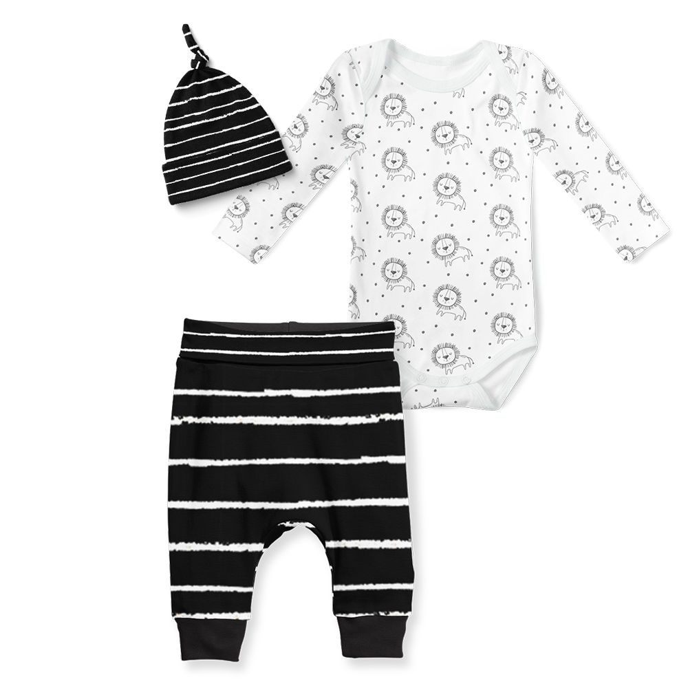 3-Piece Jogger/Onesie/Beanie Set - Stripe Black/ Sleepy lions