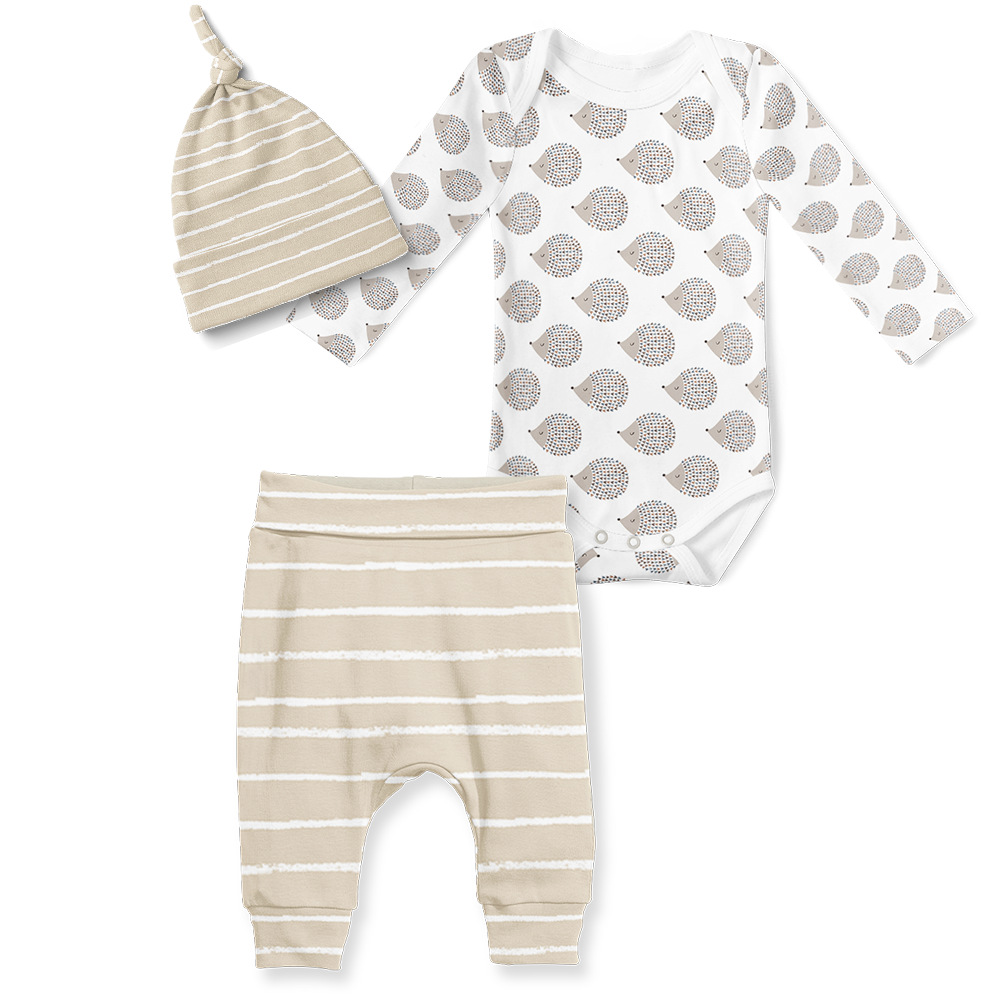 3-Piece Jogger/Onesie/Beanie Set - Stripe Stone/ Hedgehog