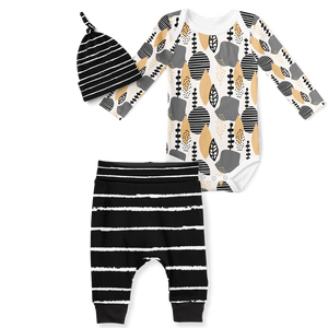 3-Piece Jogger/Onesie/Beanie Set - Abstraction/Stripe Black