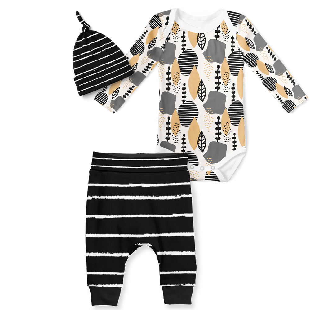 3-Piece Jogger/Onesie/Beanie Set - Abstraction/Stripe Black