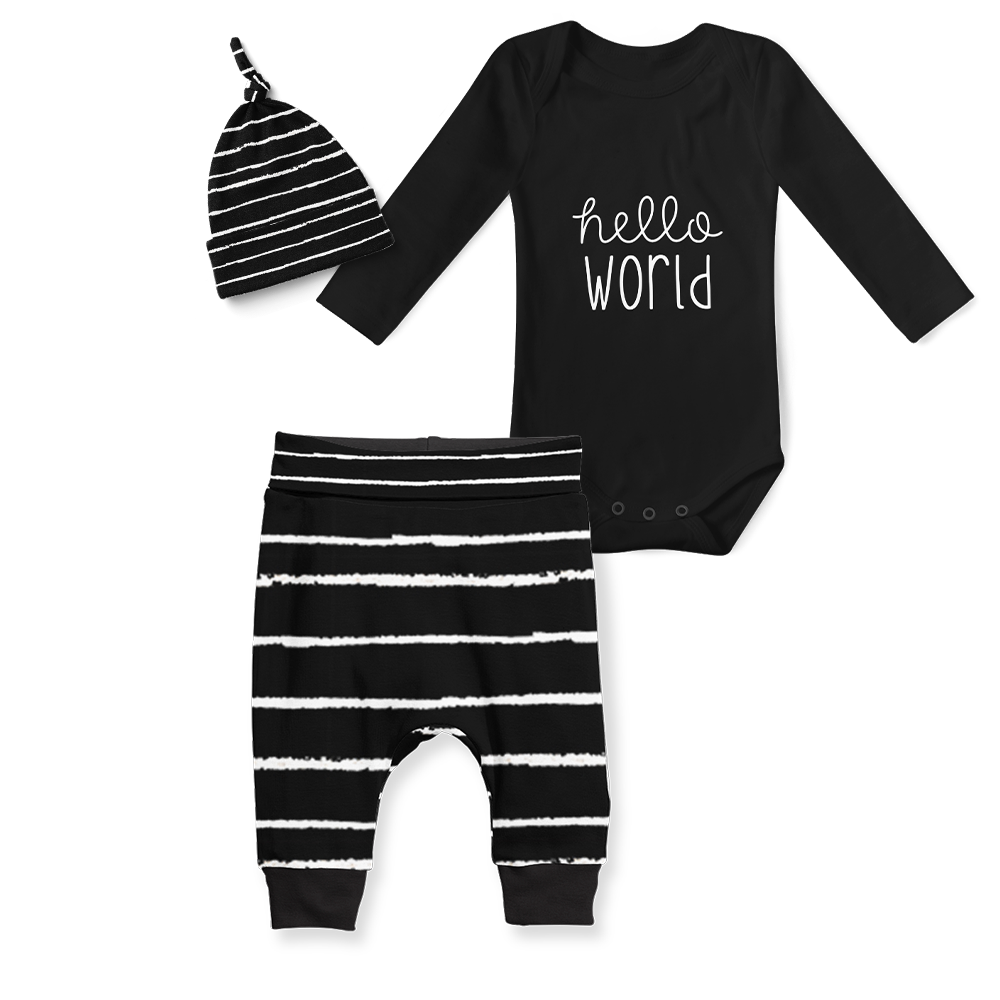 3-Piece Jogger/Onesie/Beanie Set - Hello World/Stripe Black