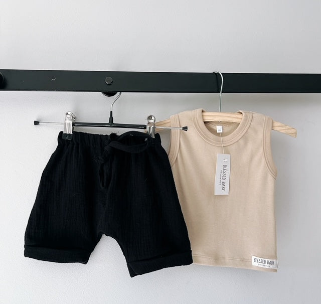 Tank Top and Shorts Set - Black and Stone