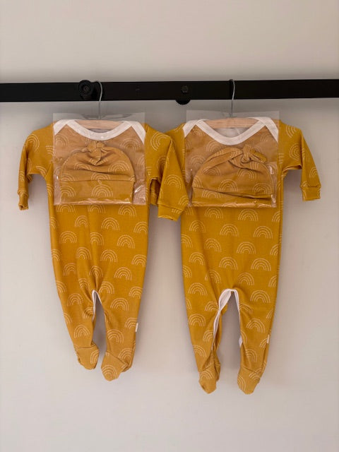 SALE - Footed Romper and Beanie Set - Arc Mustard
