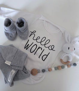 3-Piece Jogger/Onesie/Beanie Set - Hello World/ Grey and White