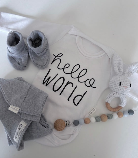 3-Piece Jogger/Onesie/Beanie Set - Hello World/ Grey and White