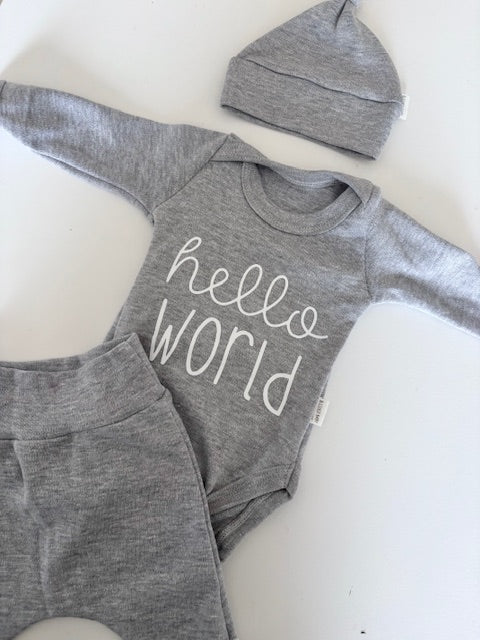 3-Piece Jogger/Onesie/Beanie Set - Hello World/ Grey
