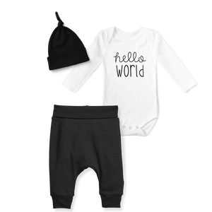 3-Piece Jogger/Onesie/Beanie Set - Hello World/ Black