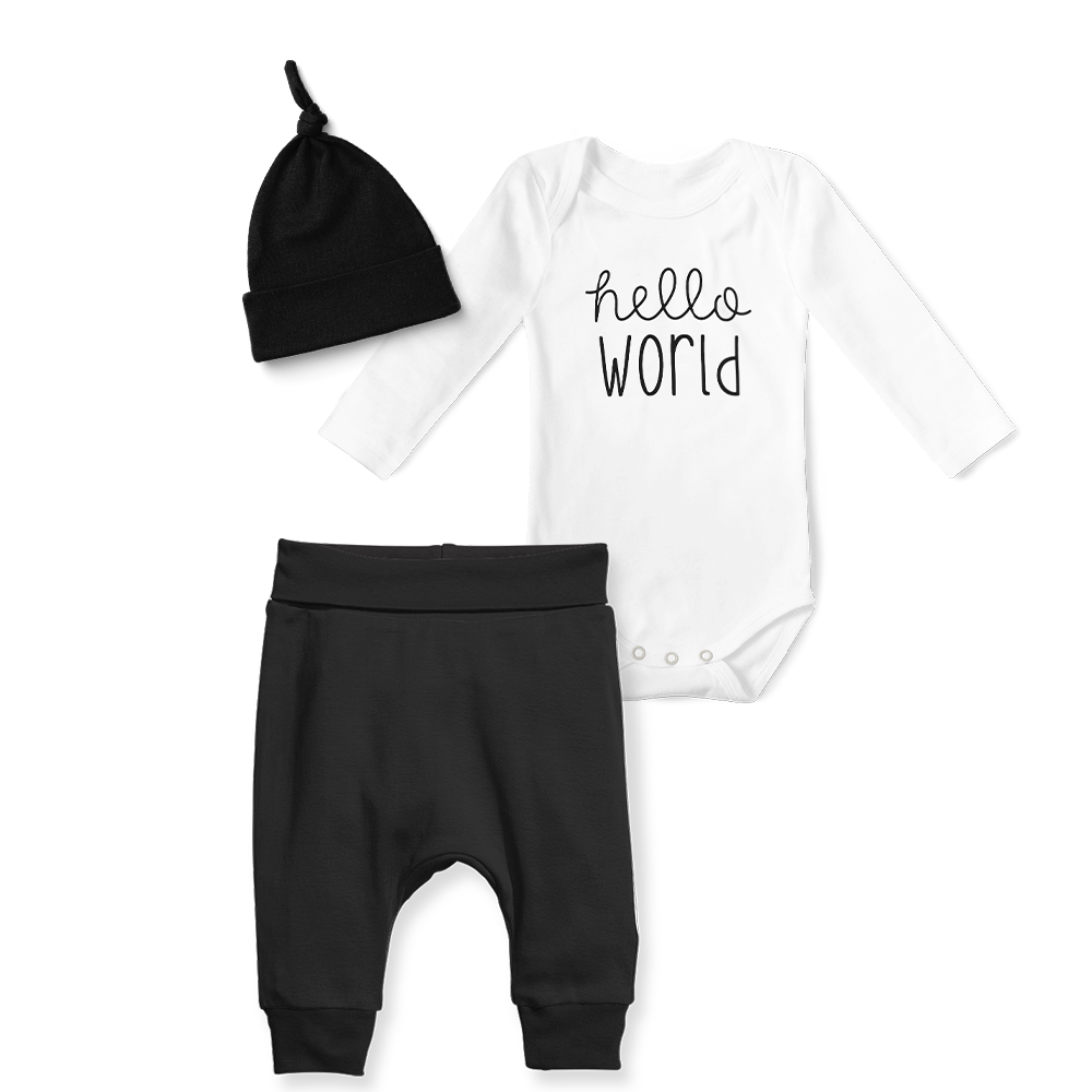 3-Piece Jogger/Onesie/Beanie Set - Hello World/ Black
