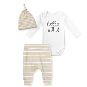 3-Piece Jogger/Onesie/Beanie Set - Hello World/Stripe Stone