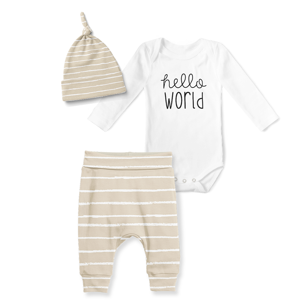 3-Piece Jogger/Onesie/Beanie Set - Hello World/Stripe Stone