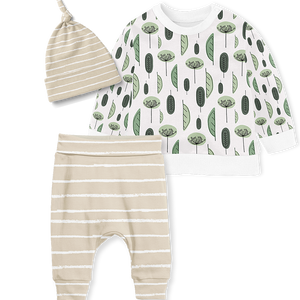 Sweater Set -Stripe Stone/ Green Leaves