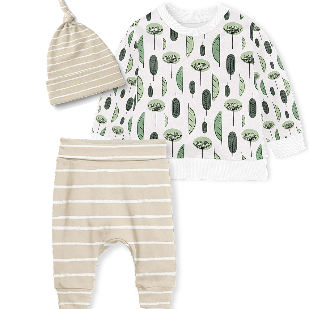 Sweater Set -Stripe Stone/ Green Leaves