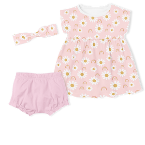 3-Piece Dress/Nappy cover Pants/Headband Set - Daisy / Pink
