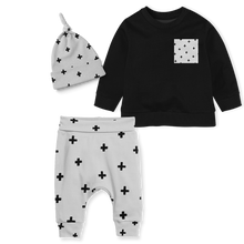Load image into Gallery viewer, Sweater Set - Cross Black / White BG/ Black Sweater with Cross Pocket Detail
