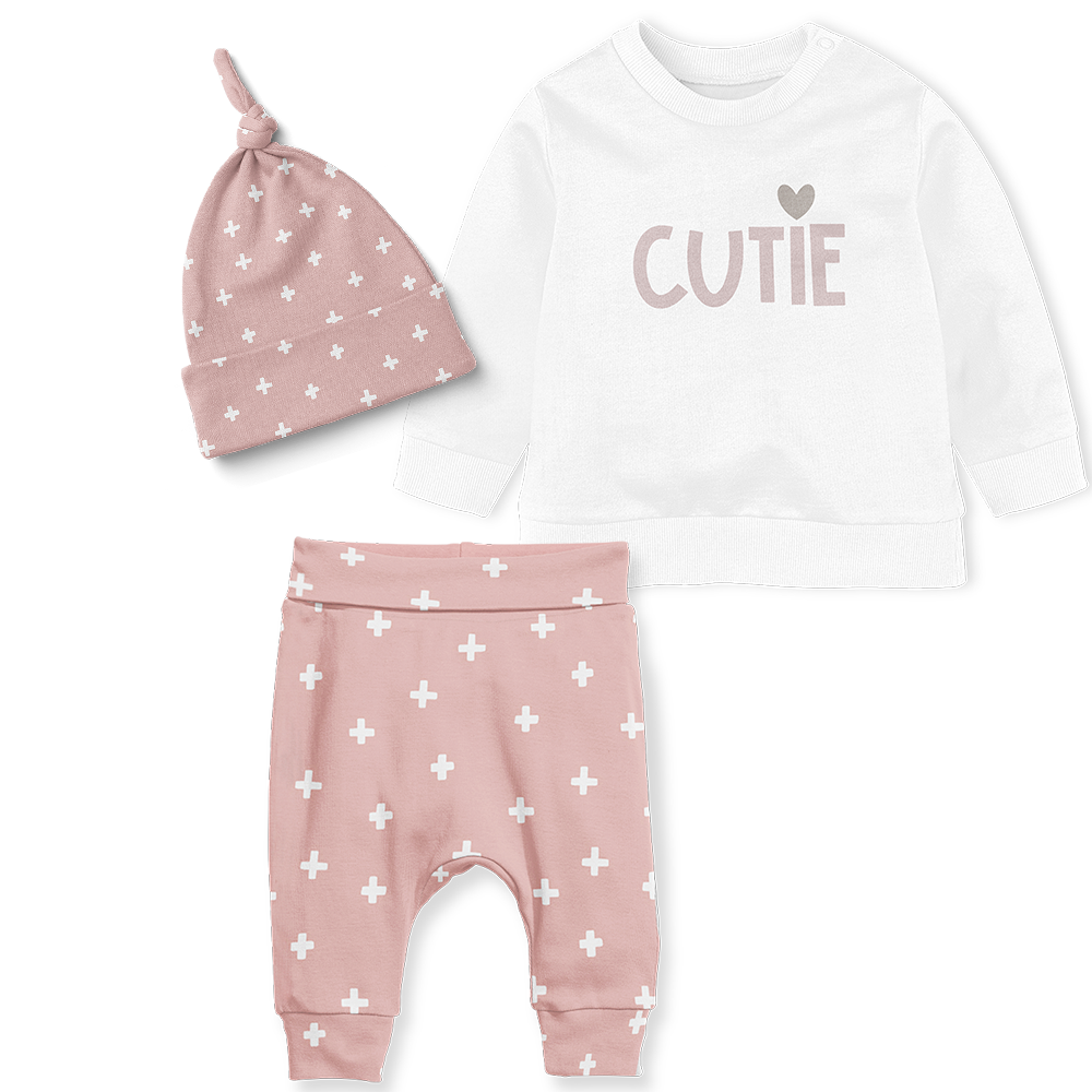 3 - Piece Sweater/Jogger Pants/Beanie Set - Cutie/ Cross Blush