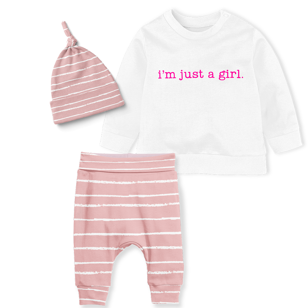 3 - Piece Sweater/Jogger Pants/Beanie Set - Im Just a Girl/ Stripe Blush