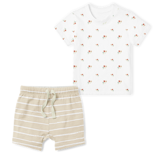 2-Piece T-Shirt/Shorts Set - Autumn Floral / Stripe Stone