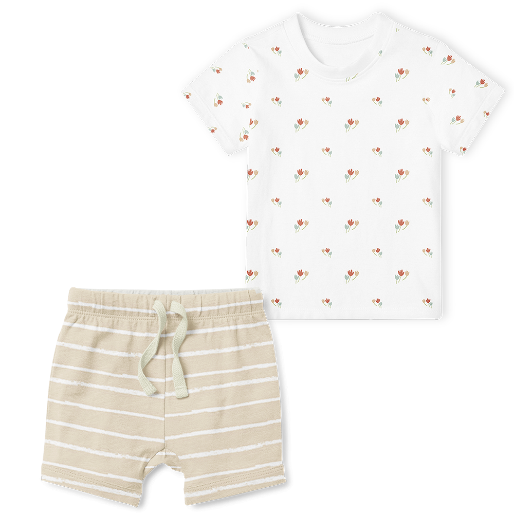 2-Piece T-Shirt/Shorts Set - Autumn Floral / Stripe Stone