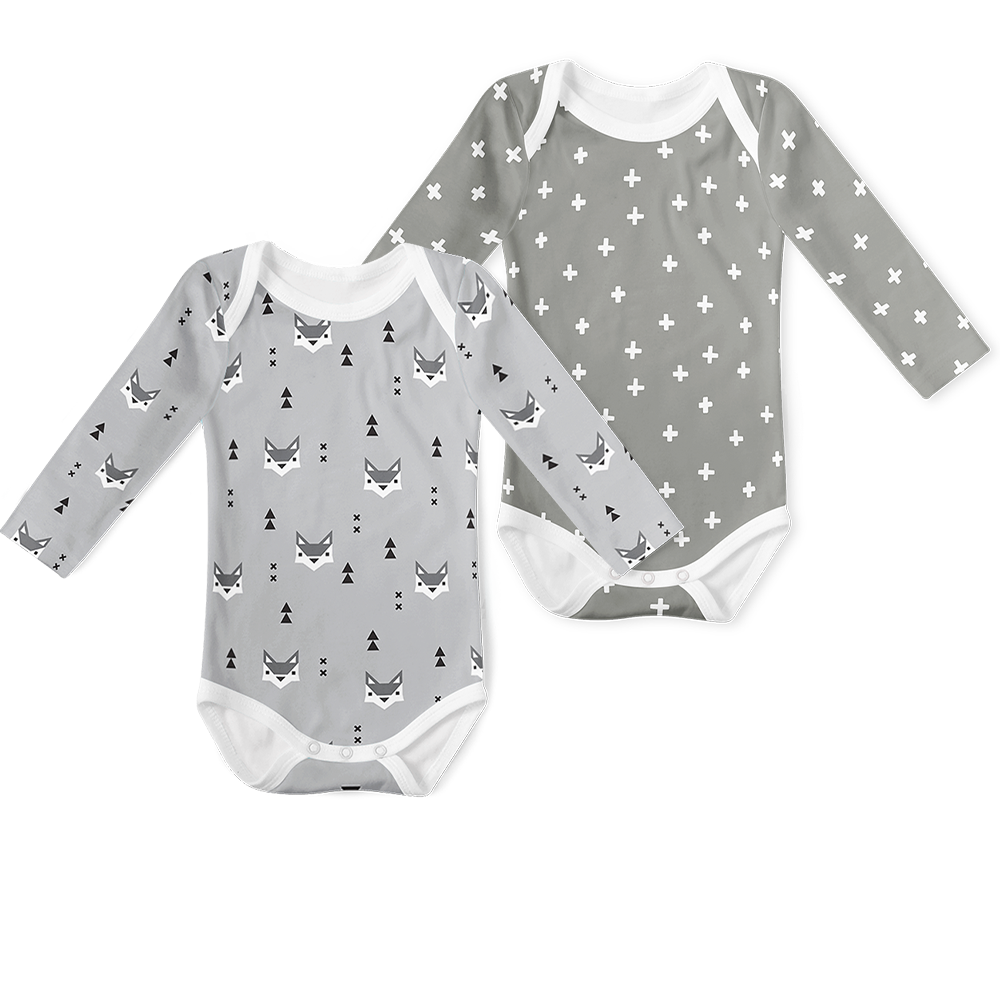 2-Piece Long Sleeve Onesie Set - Cross Grey and Mr Fox
