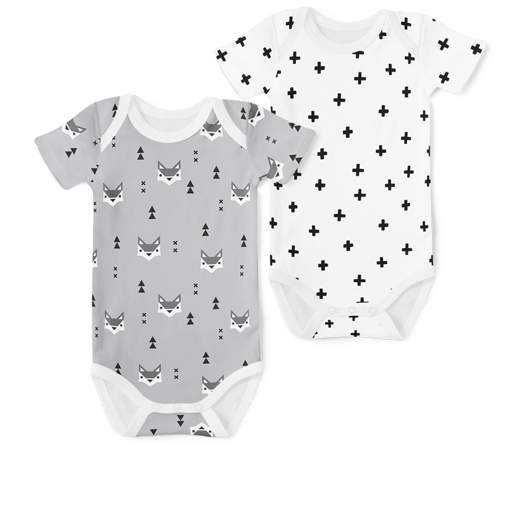 2-Piece Short Sleeve Onesie Set - Black Cross and Mr Fox
