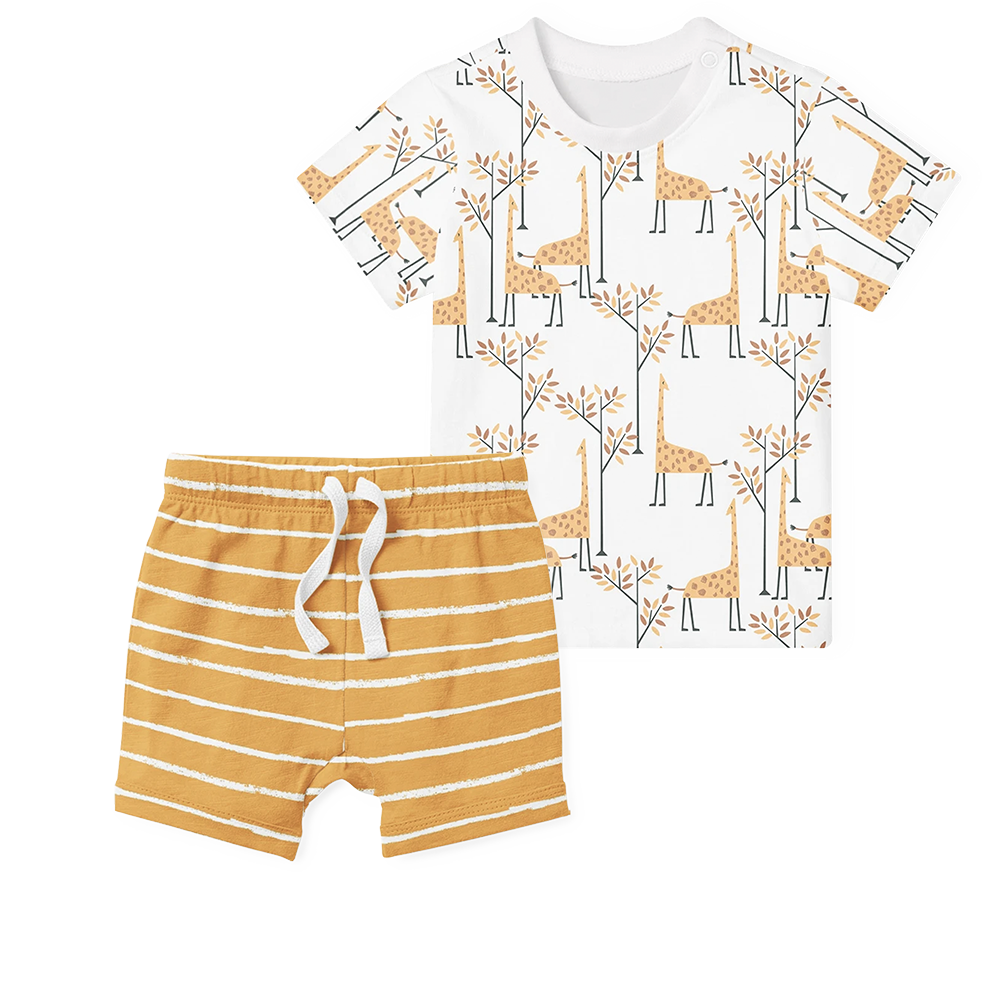 2-Piece T-Shirt/Shorts Set - Giraffe/Stripe Mustard
