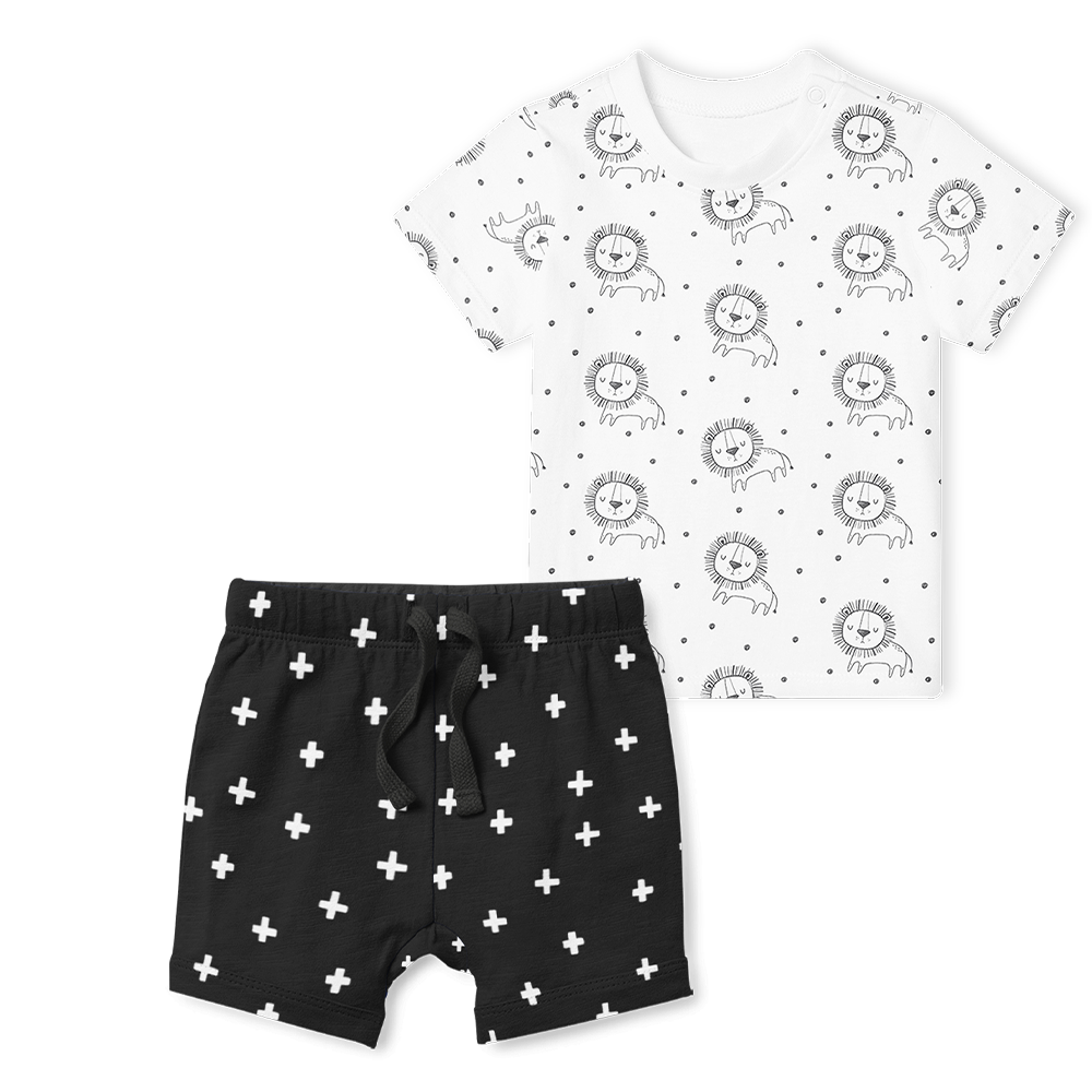 2-Piece T-Shirt/Shorts Set - Sleepy Lions/Cross White