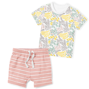 2-Piece T-Shirt/Shorts Set - Summer Floral/ Stripe Blush