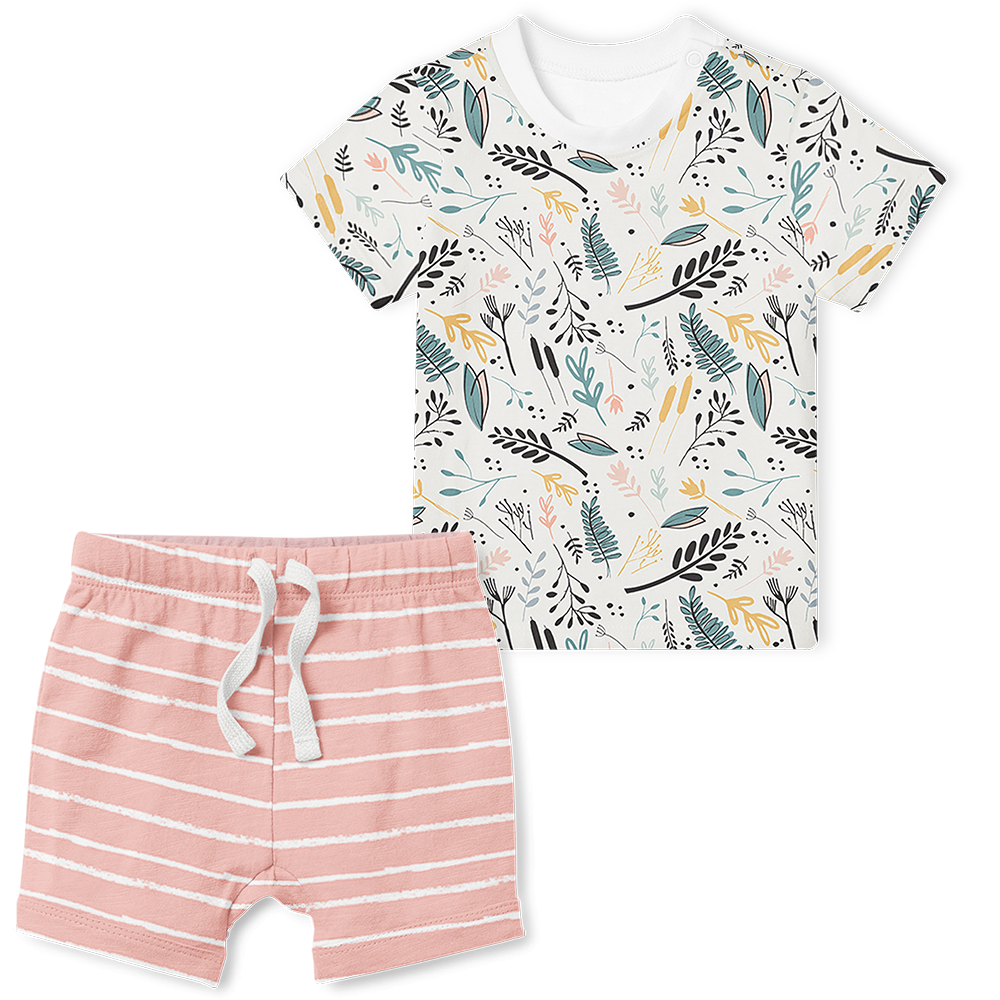 2-Piece T-Shirt/Shorts Set - Wild Flowers/Stripe Blush
