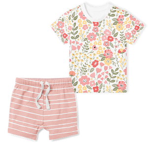 2-Piece T-Shirt/Shorts Set - Petals/Stripe Blush