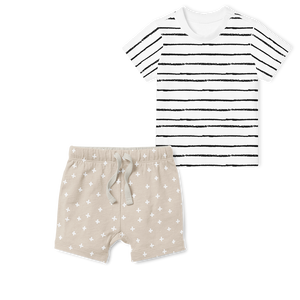2-Piece T-Shirt/Shorts Set - Stripe White/ Cross Stone
